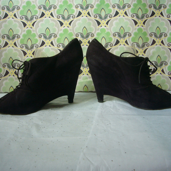 Pied a Terre Black Suede Sculpted Wedge Peep Toe Boot Lace up  Size 41 US 10 - Picture 2 of 8